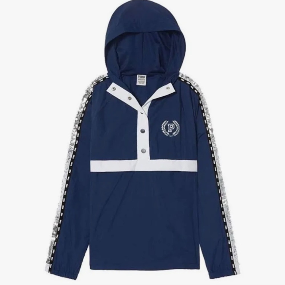 Y2K PINK Victoria's Secret Sequin Hooded Windbreaker Jacket Navy White Anorak